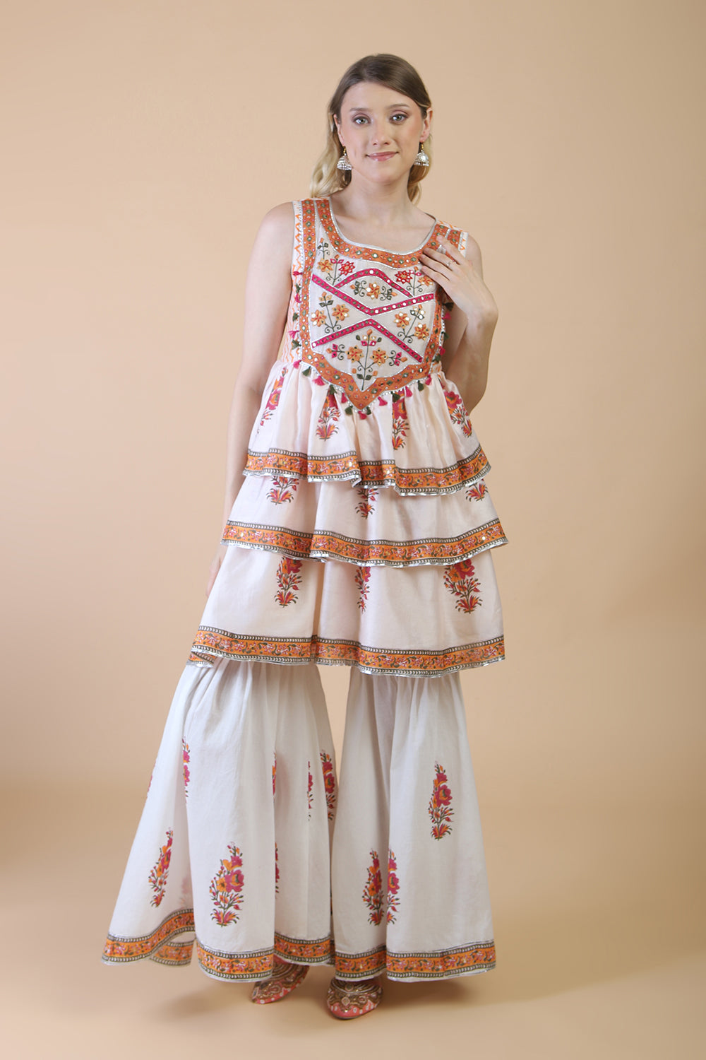 Light pink block print with embroidered sharara kurta set