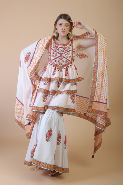 Light pink block print with embroidered sharara kurta set