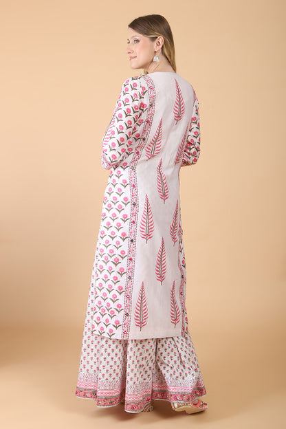 Light peach block print with embroidered Kurta Set