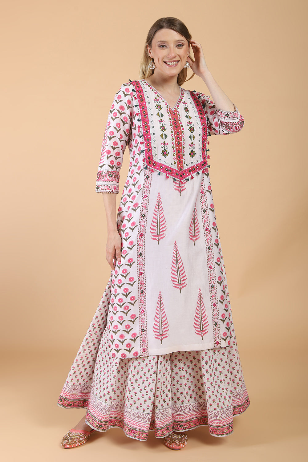 Light peach block print with embroidered Kurta Set