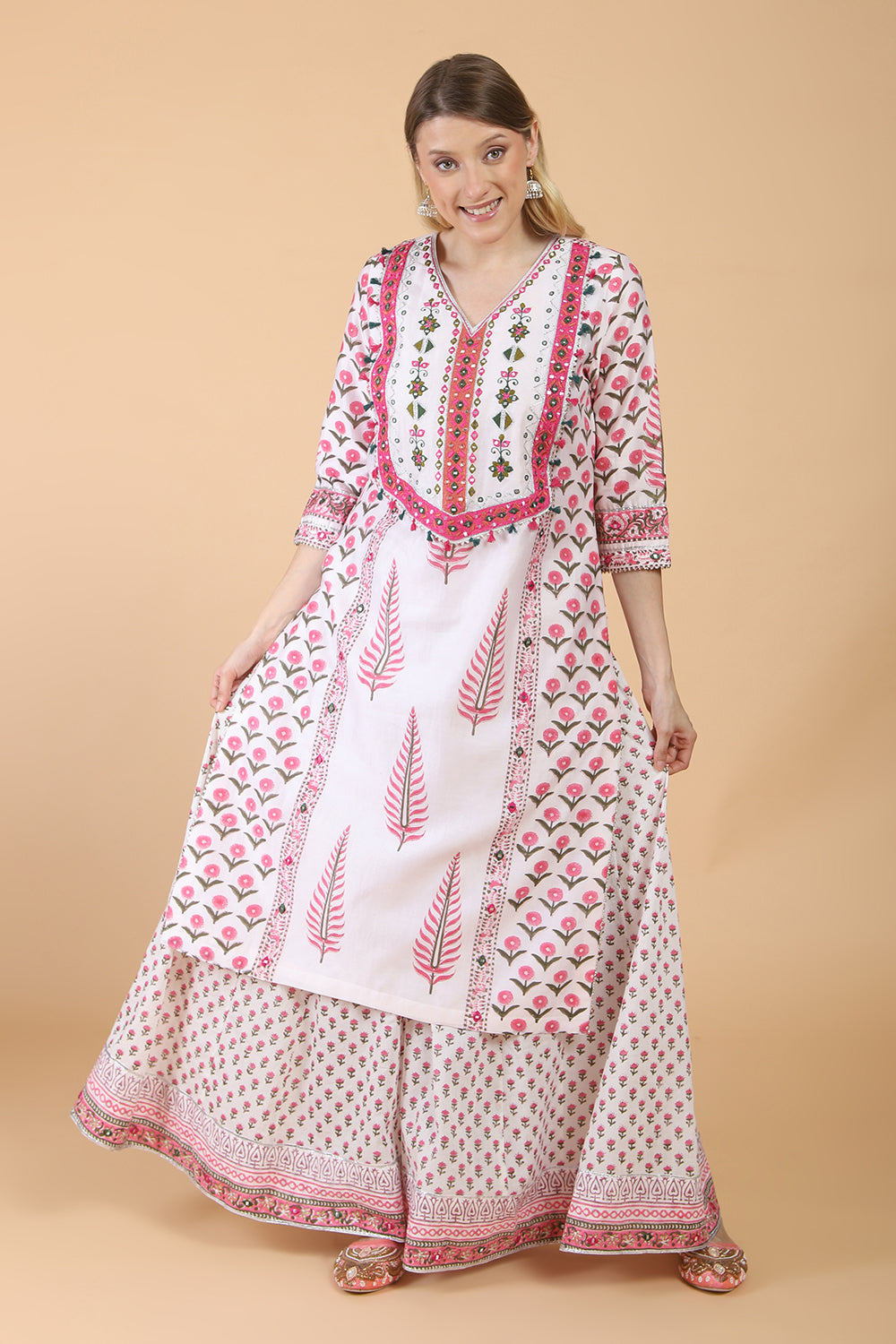 Light peach block print with embroidered Kurta Set