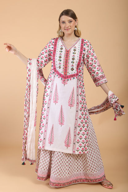 Light peach block print with embroidered Kurta Set