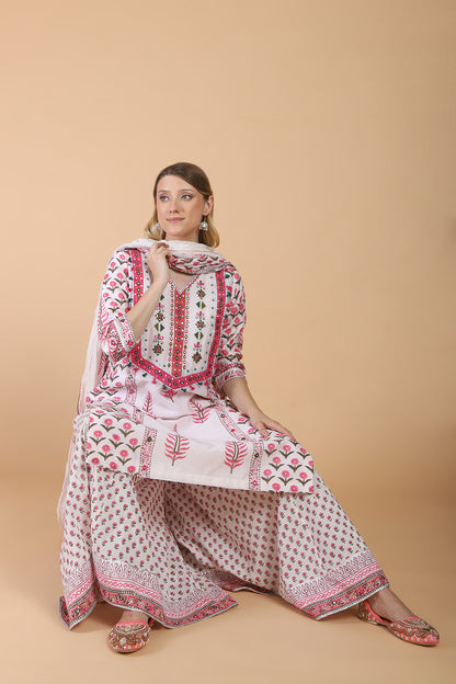 Light peach block print with embroidered Kurta Set