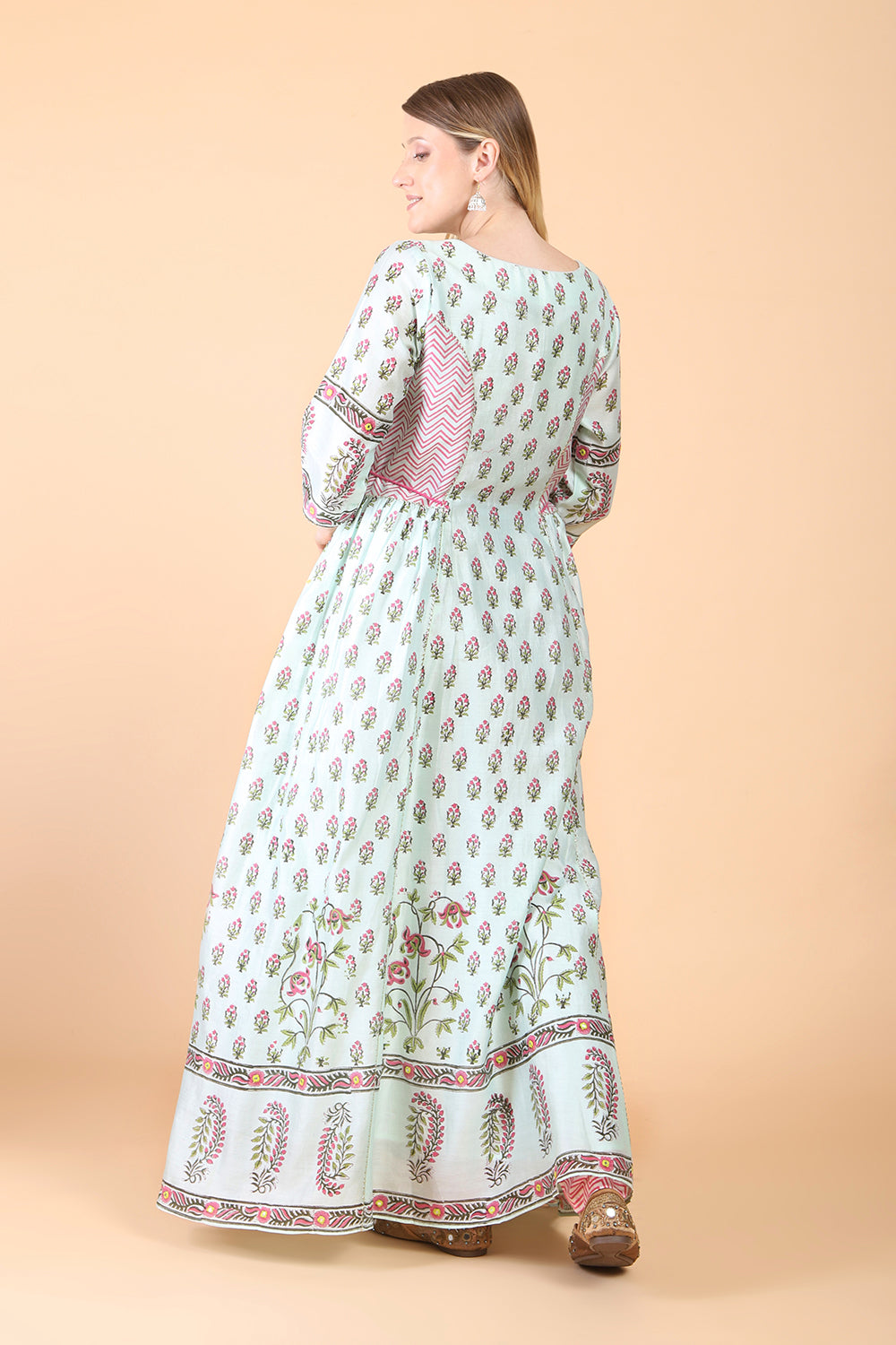 Sea green block print with embroidered Anarkali Set set