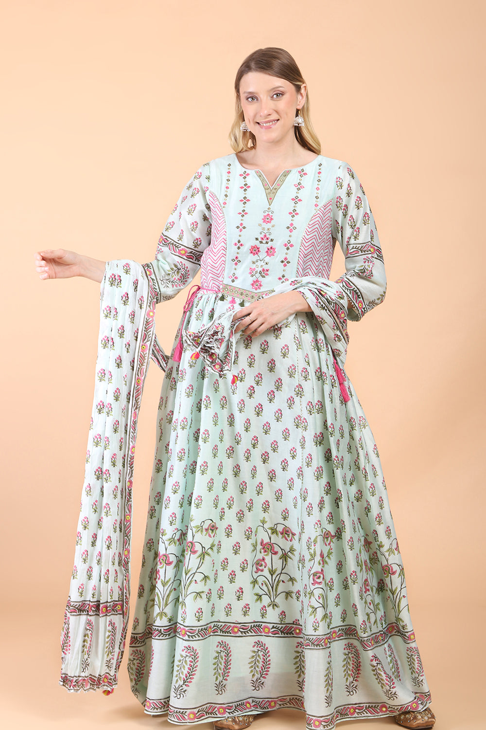 Sea green block print with embroidered Anarkali Set set