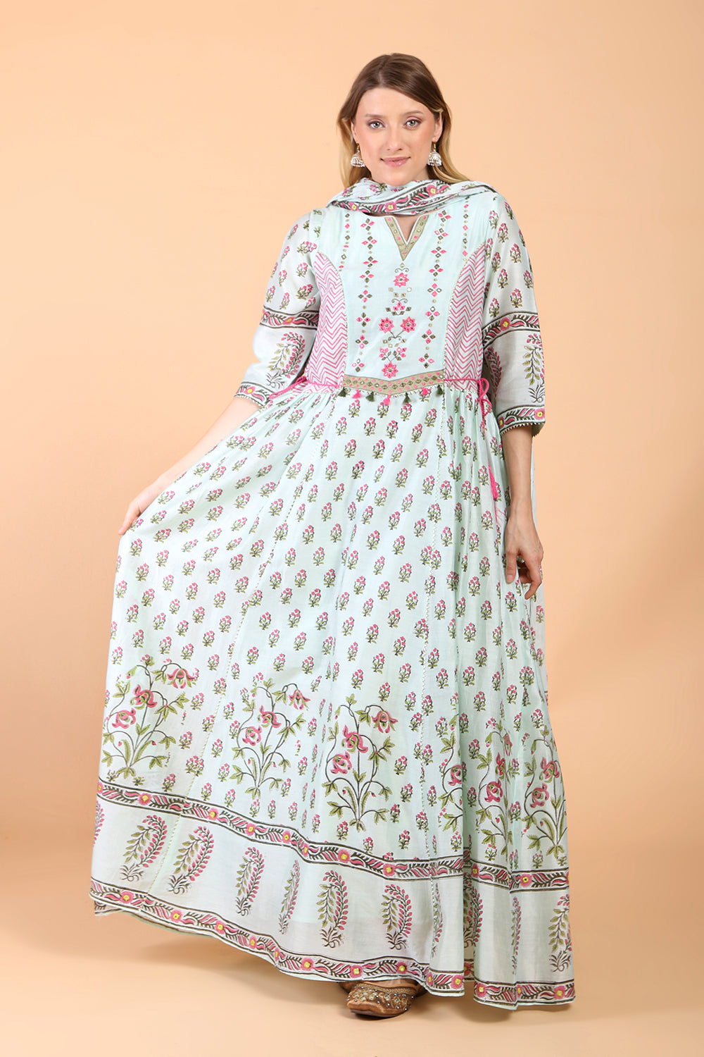 Sea green block print with embroidered Anarkali Set set