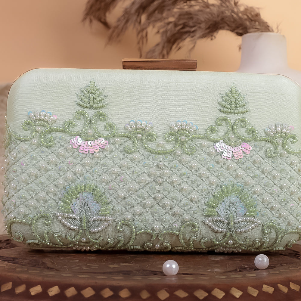 Green Raw Silk Hand Embroidery Clutch