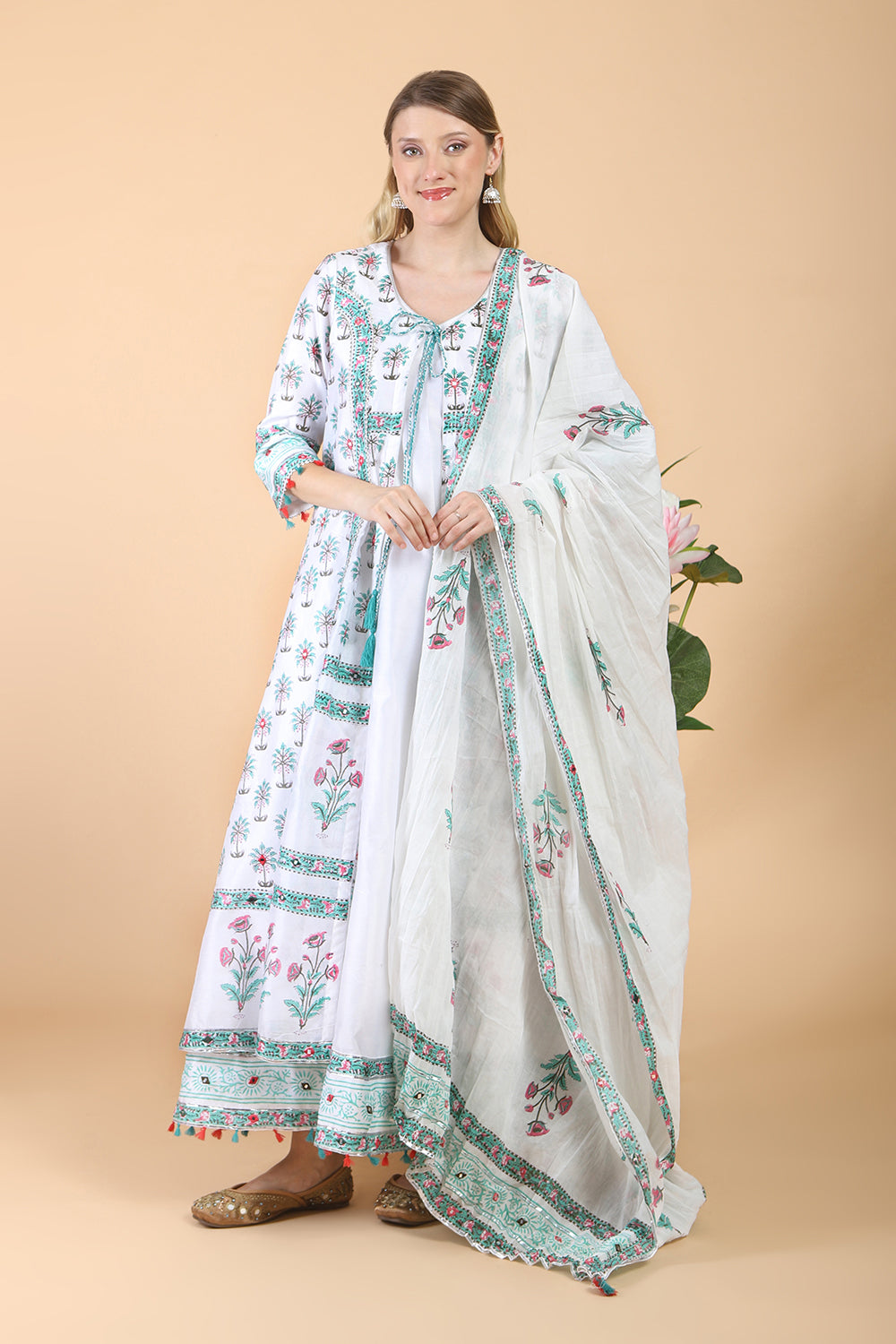 White block print with embroidered Anarkali Set set