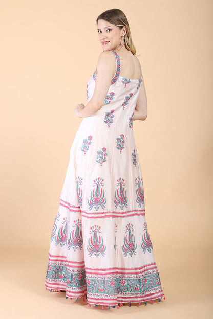 Light pink block print with embroidered Anarkali Set set