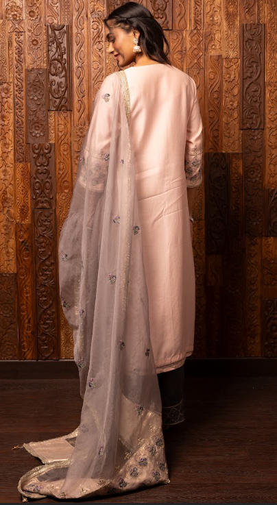 Light Pink Embroidered Silk Chanderi Kurta Set