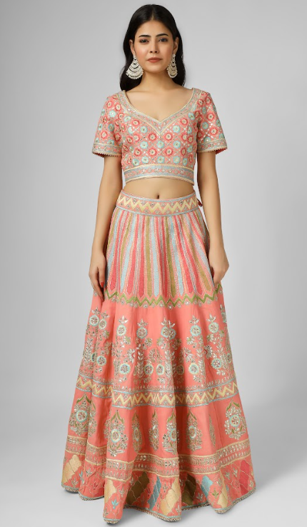 Orange Embroidered Georgette Lehenga Set