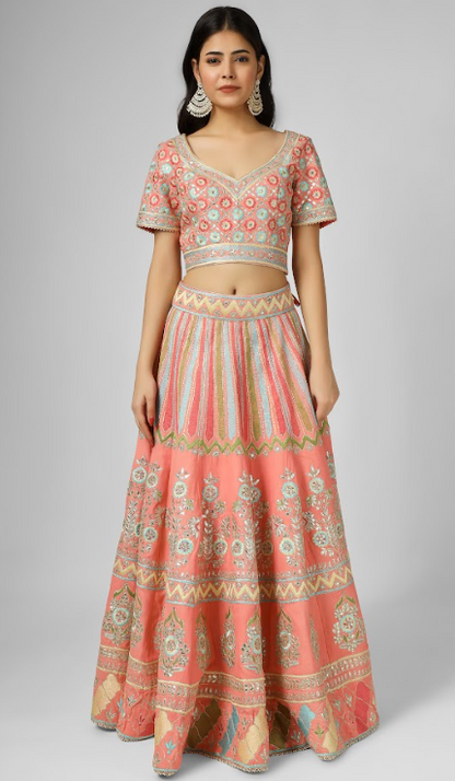 Orange Embroidered Georgette Lehenga Set