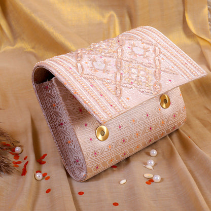 Peach Silk Brocade Hand Embroidery Clutch