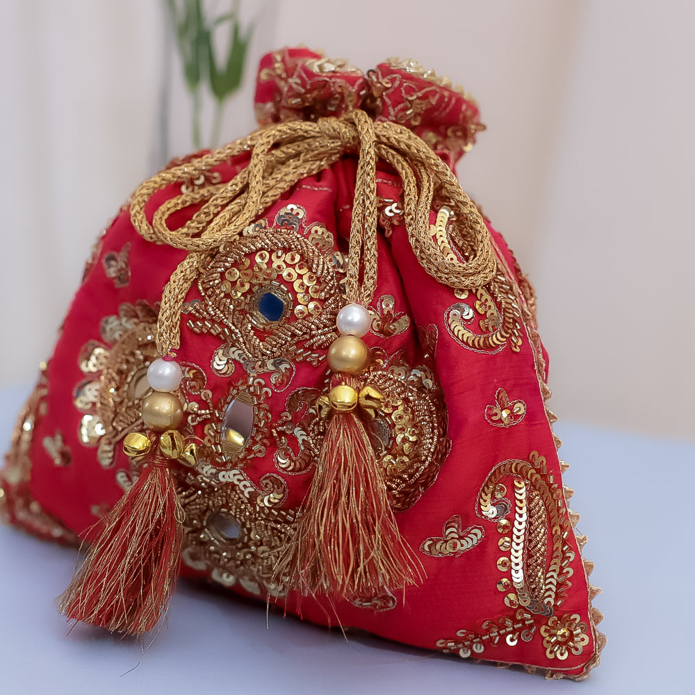 Red Raw Silk Embroidered Potli Bag