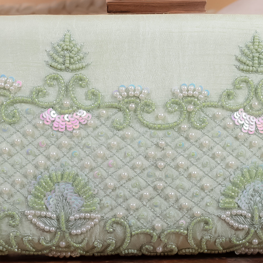 Green Raw Silk Hand Embroidery Clutch