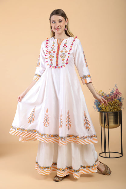 Light pink block print with embroidered Anarkali Set set