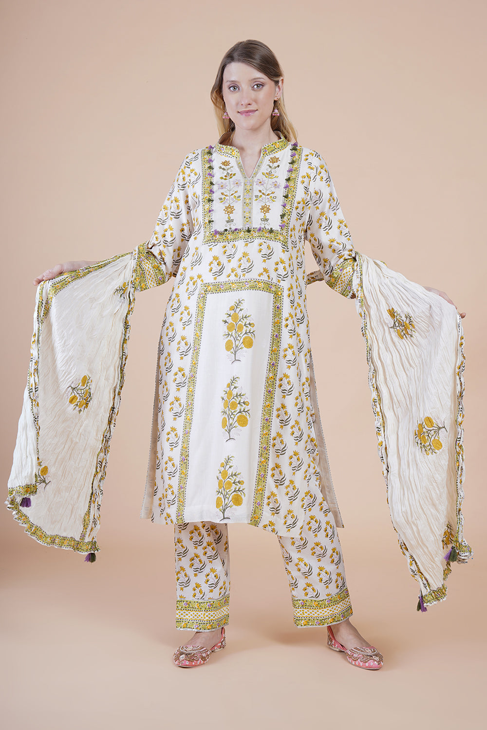 Off white block print with embroidered kurta suit set