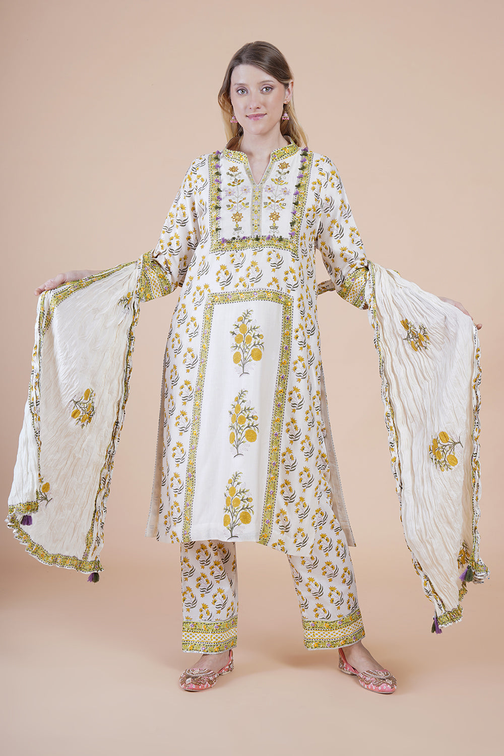 Off white block print with embroidered Kurta Set