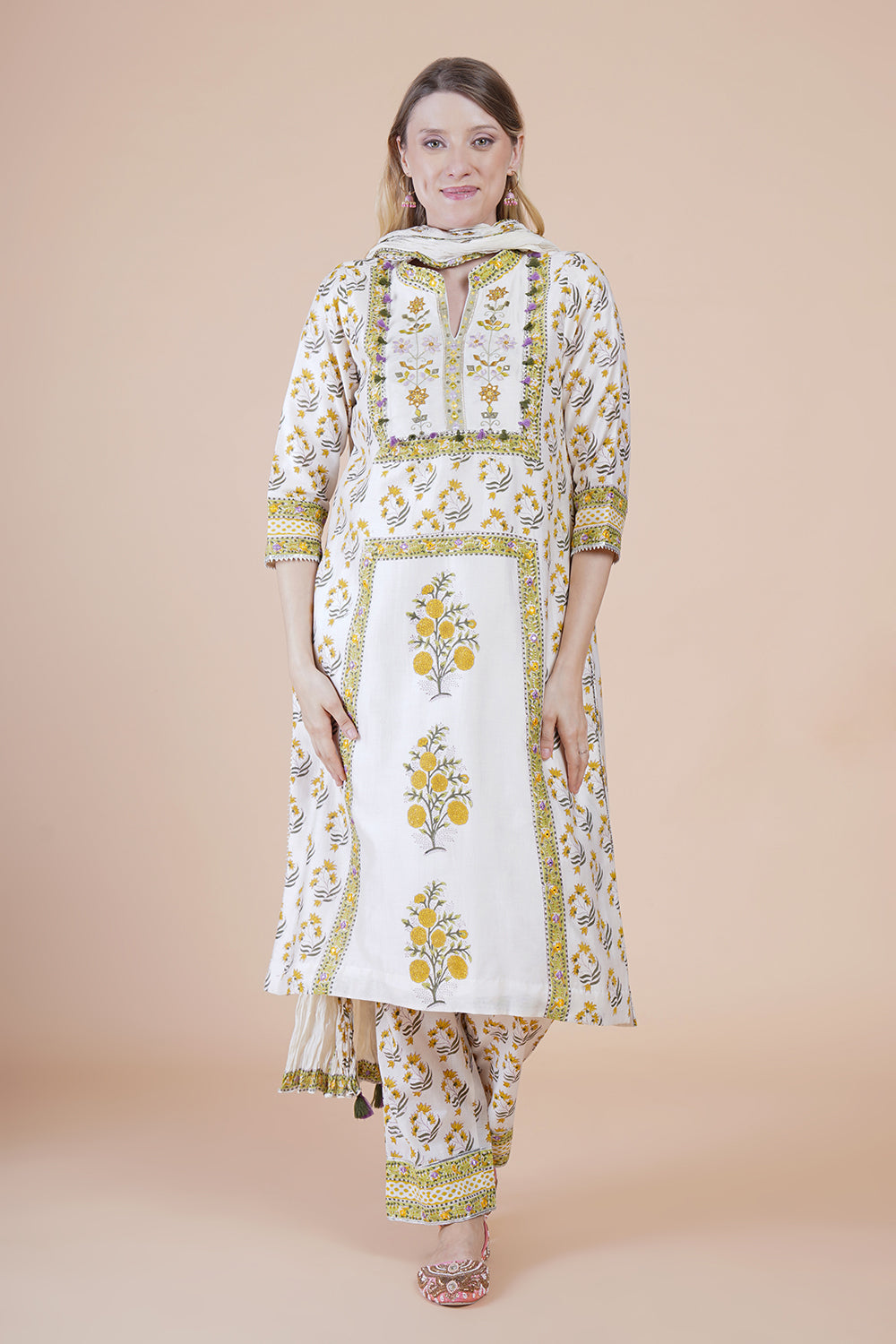 Off white block print with embroidered kurta suit set