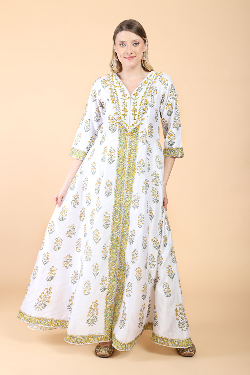 White block print with embroidered Anarkali Set set