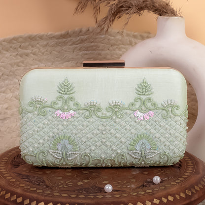 Green Raw Silk Hand Embroidery Clutch