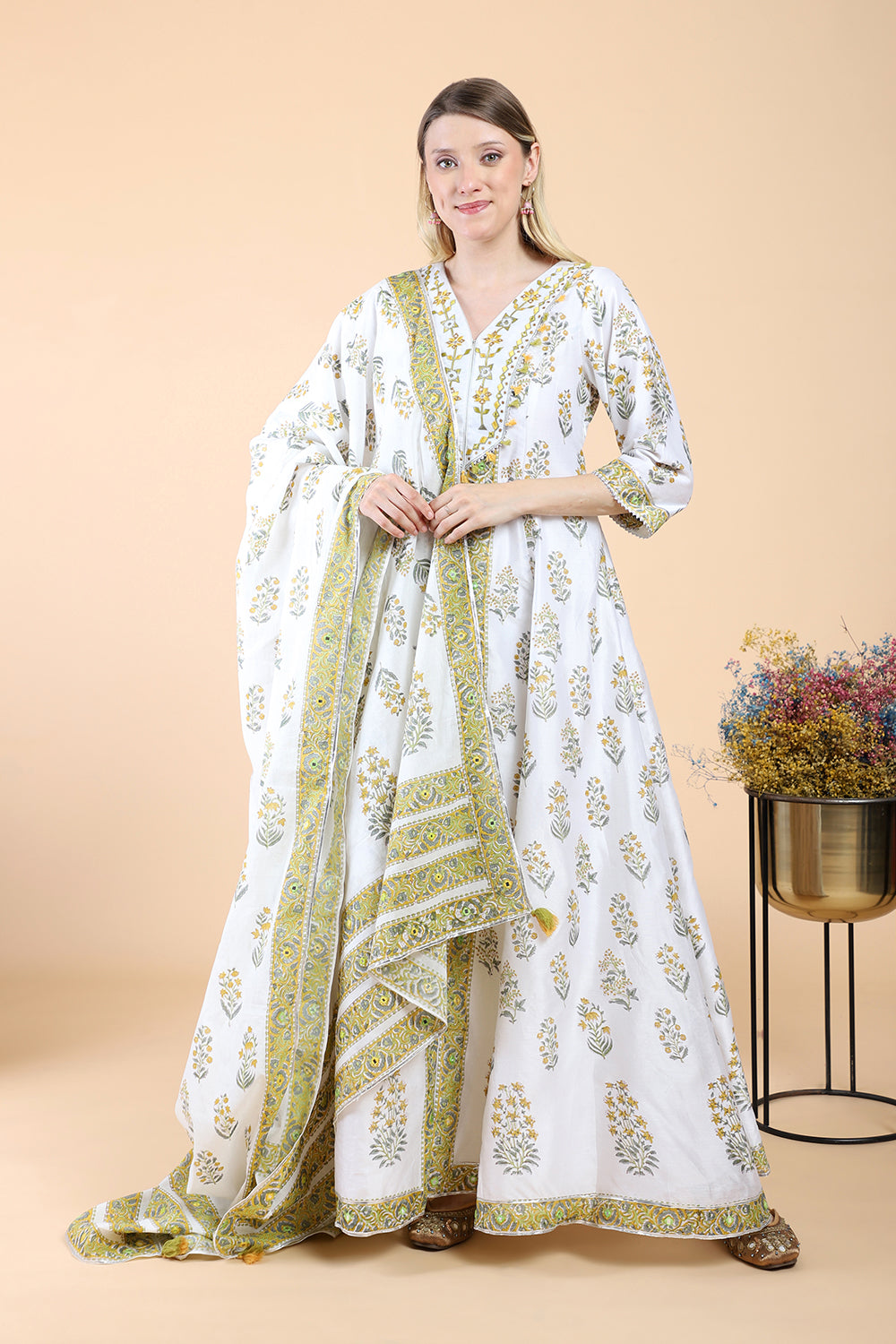 White block print with embroidered Anarkali Set set