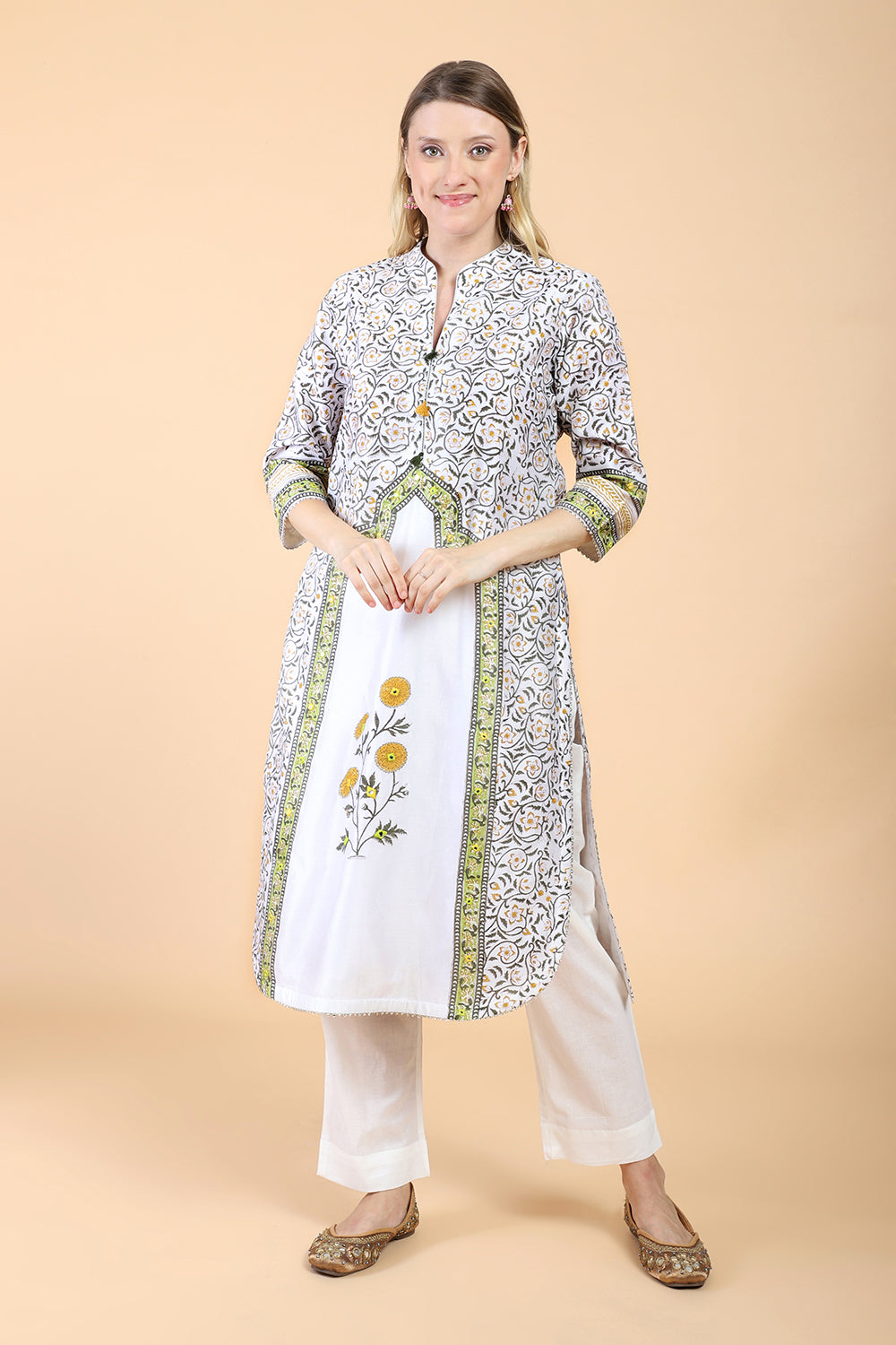 White block print with embroidered Kurta Set