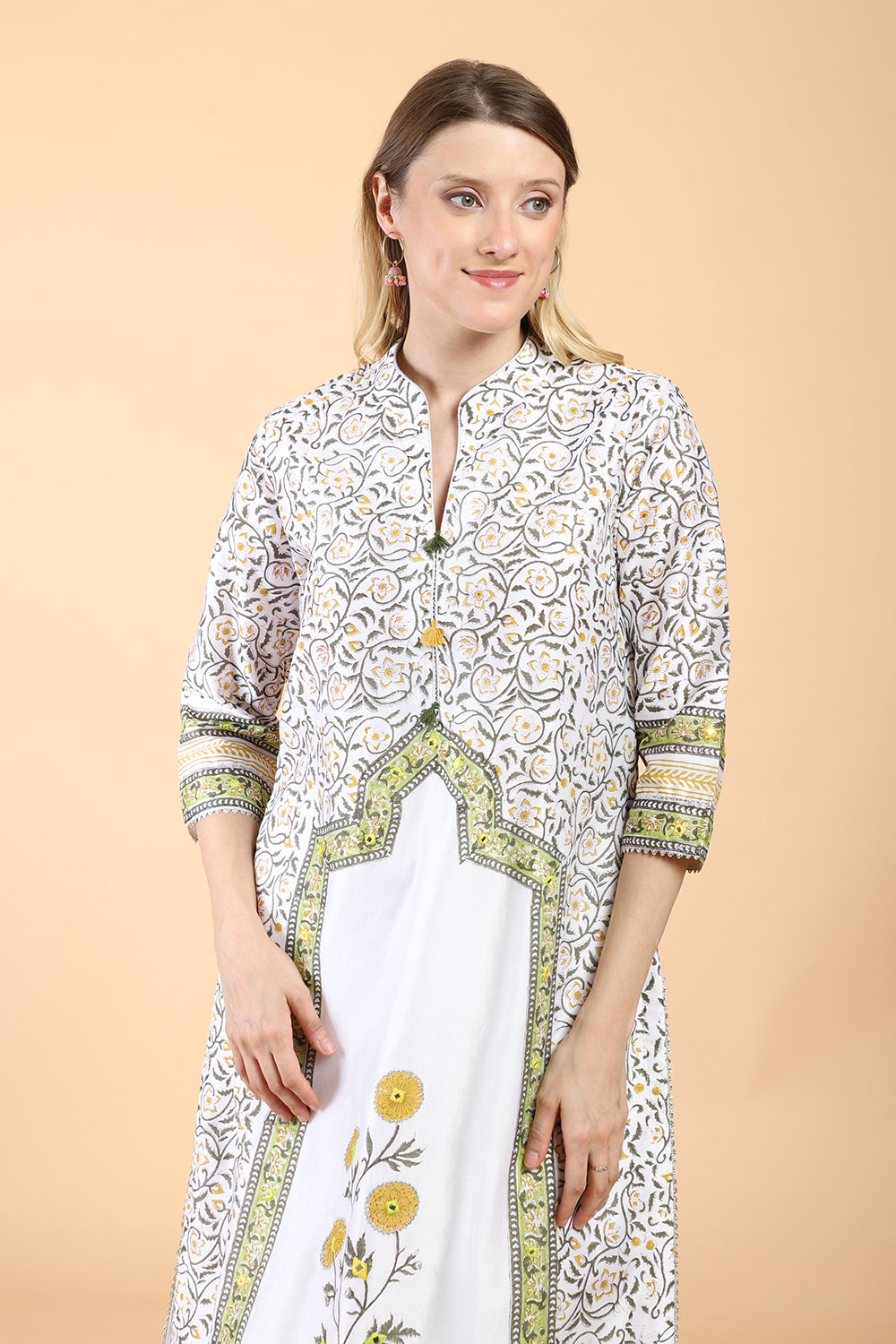 White block print with embroidered Kurta Set