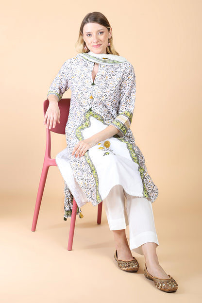 White block print with embroidered Kurta Set