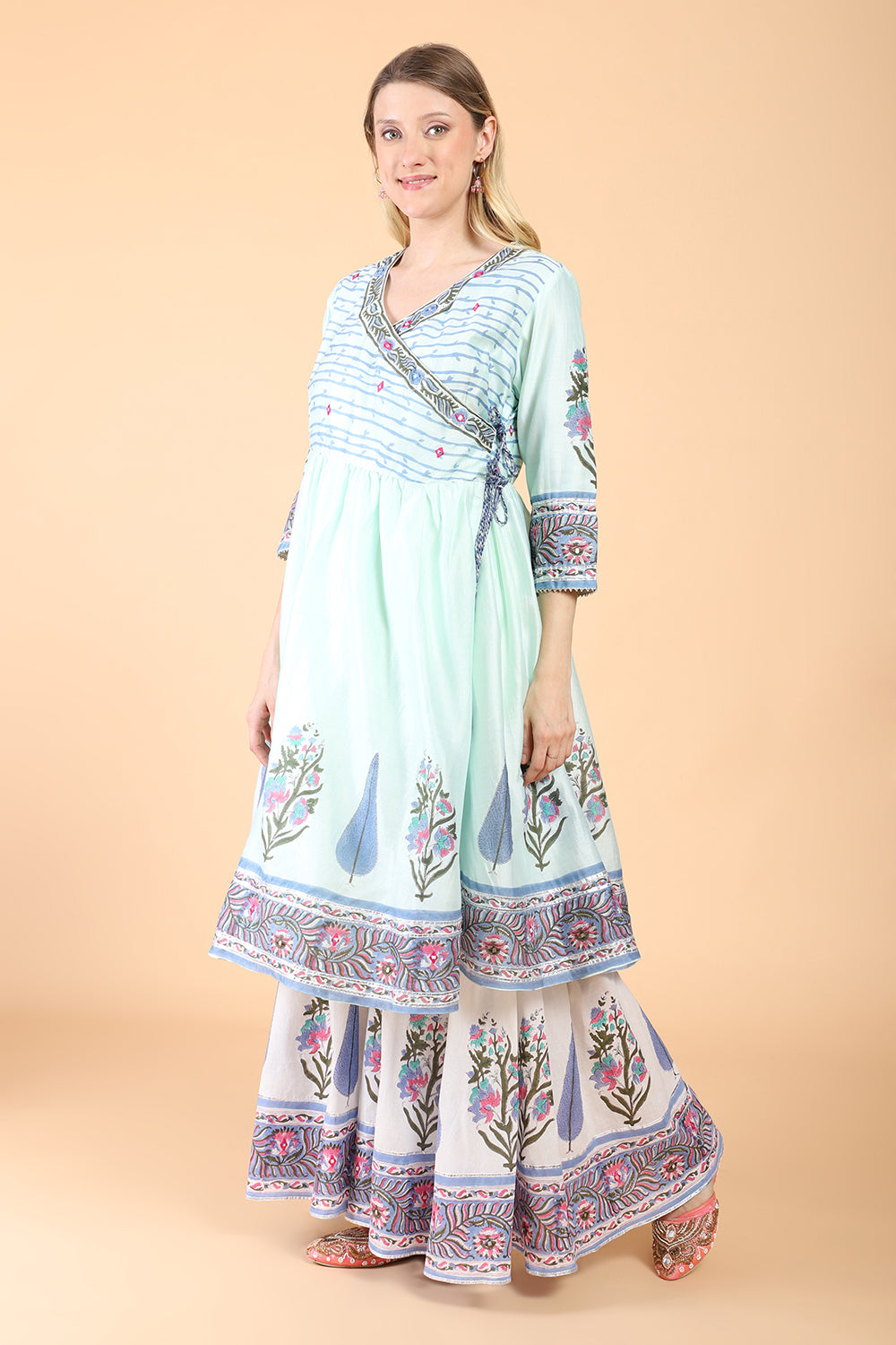 Sea green block print with embroidered Anarkali Set set