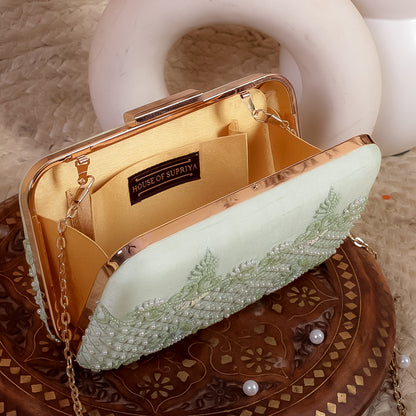 Green Raw Silk Hand Embroidery Clutch