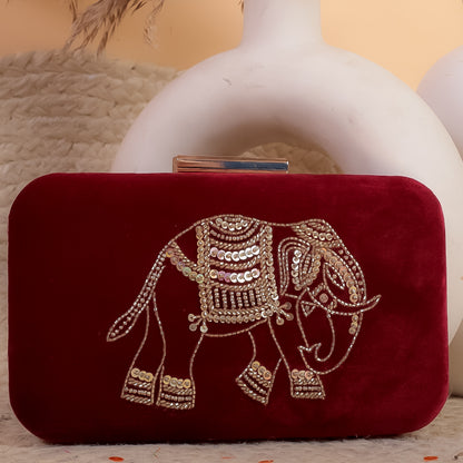 Maroon Silk Velvet Hand Embroidery Clutch