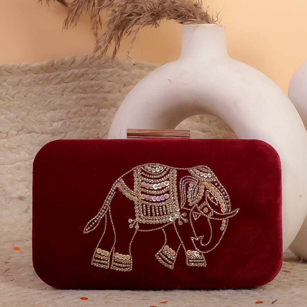 Maroon Silk Velvet Hand Embroidery Clutch