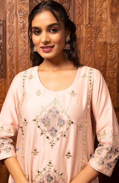 Light Pink Embroidered Silk Chanderi Kurta Set