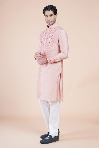 Pink Mirror Work Embroidered Kurta Set