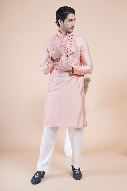 Pink Mirror Work Embroidered Kurta Set