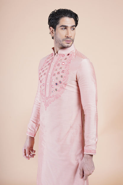 Pink Mirror Work Embroidered Kurta Set