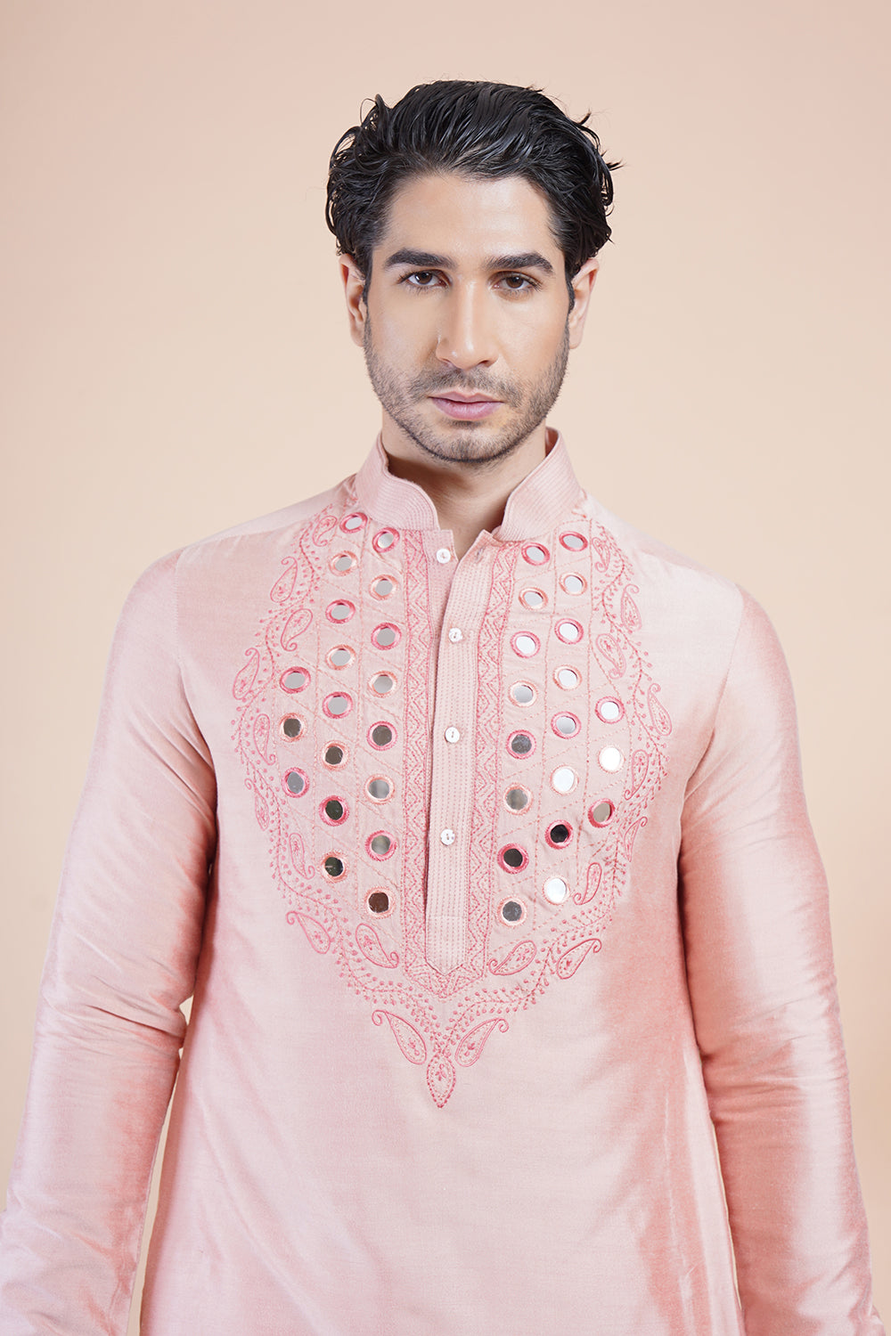 Pink Mirror Work Embroidered Kurta Set