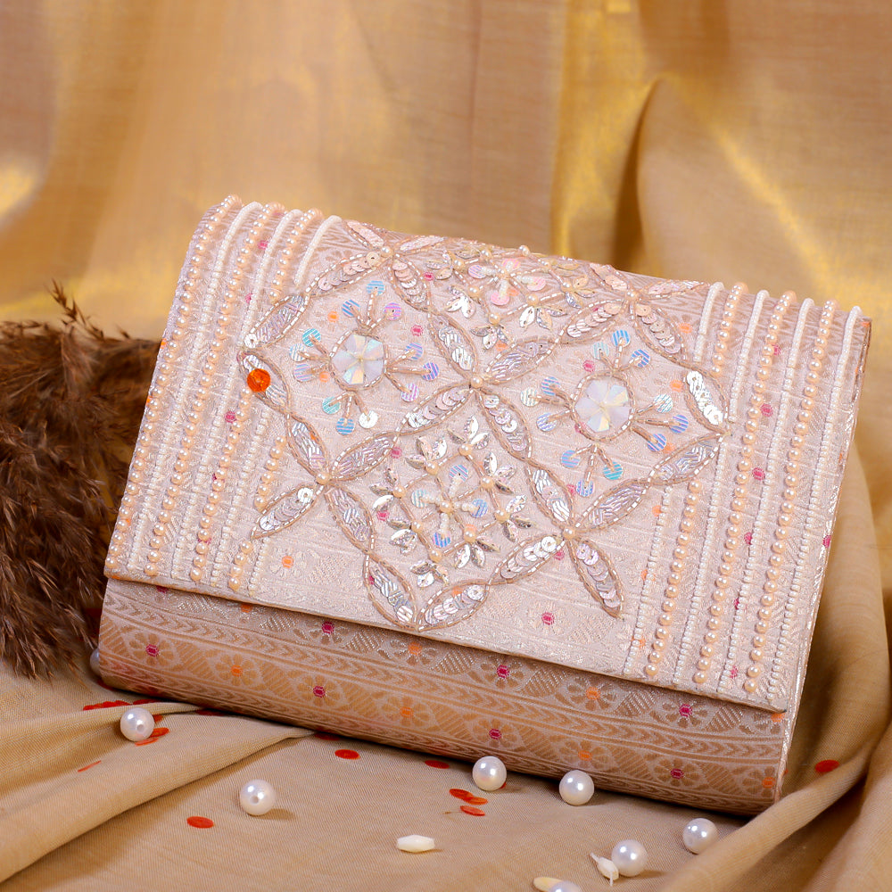 Peach Silk Brocade Hand Embroidery Clutch