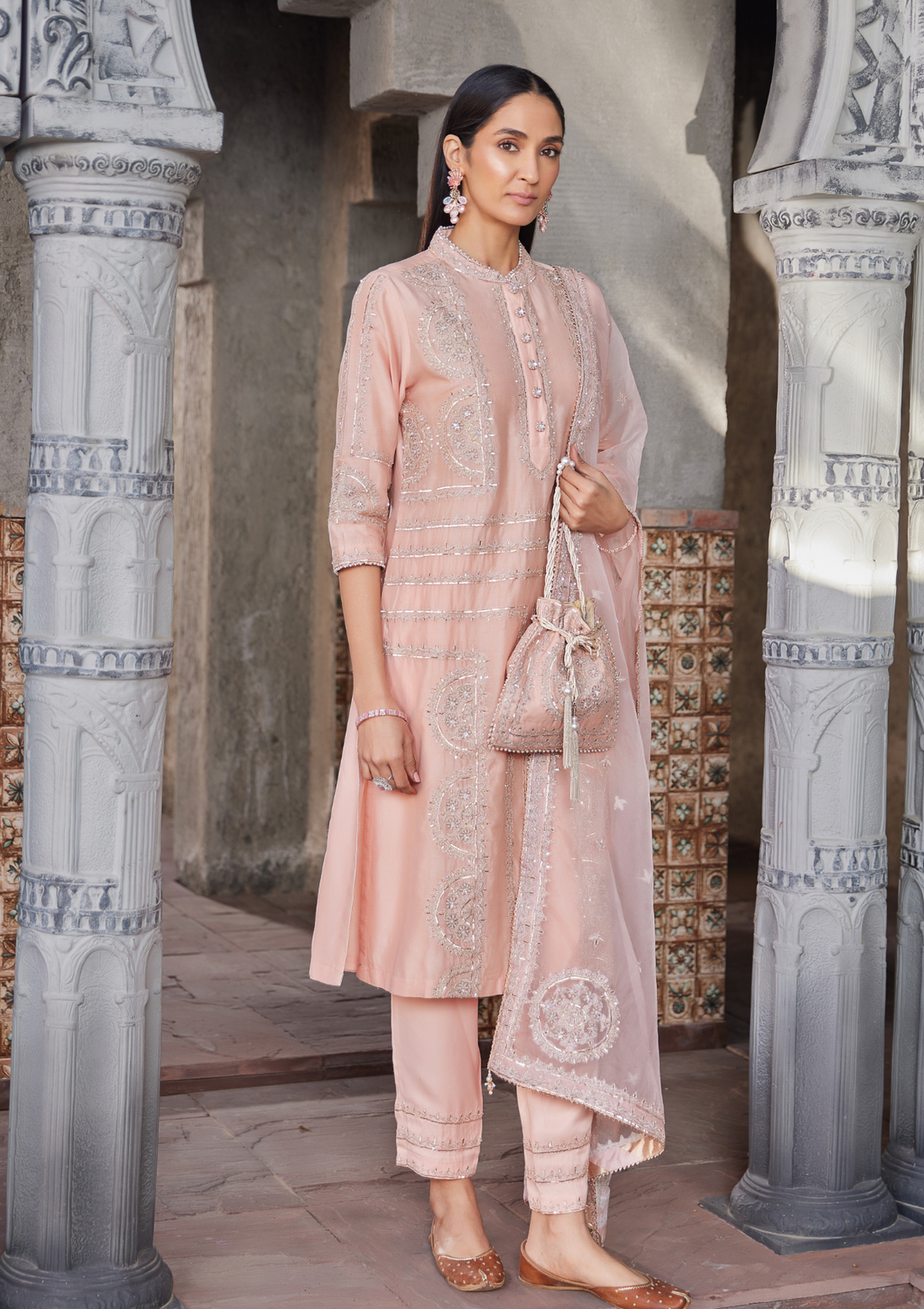 Peach Embroidered Chanderi Kurta Suit Set With Matching Potli Bag