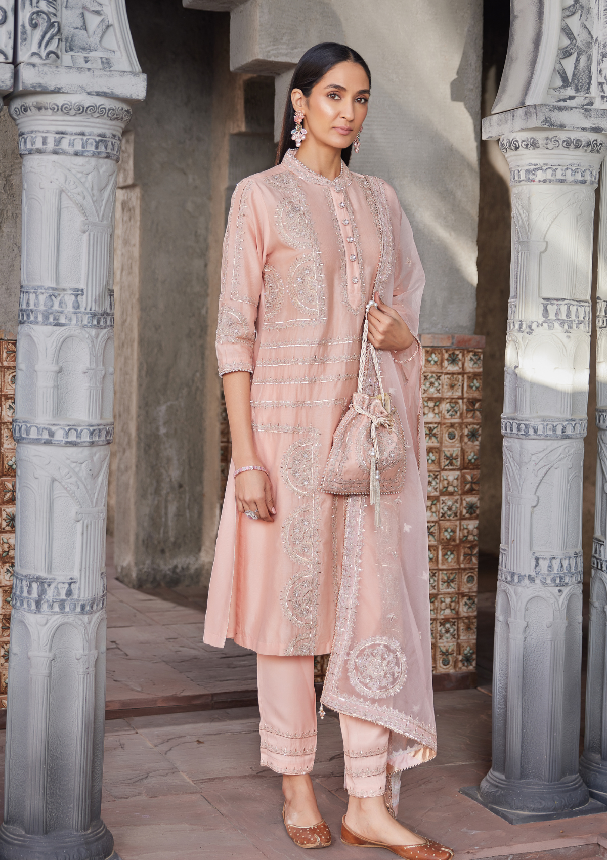 Peach Embroidered Chanderi Kurta Set With Matching Potli Bag