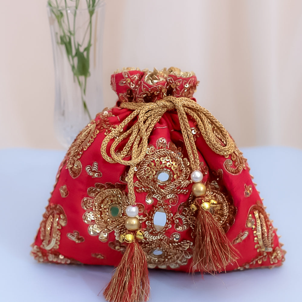 Red Raw Silk Embroidered Potli Bag