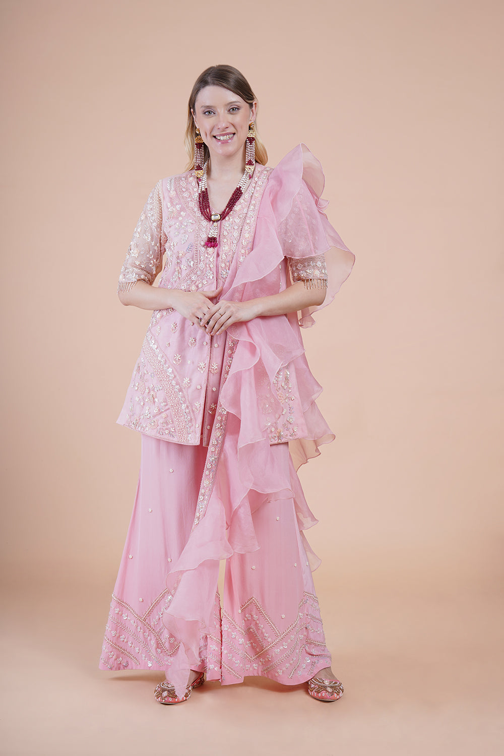 Pink Net Embroidered Kurta Suit Set
