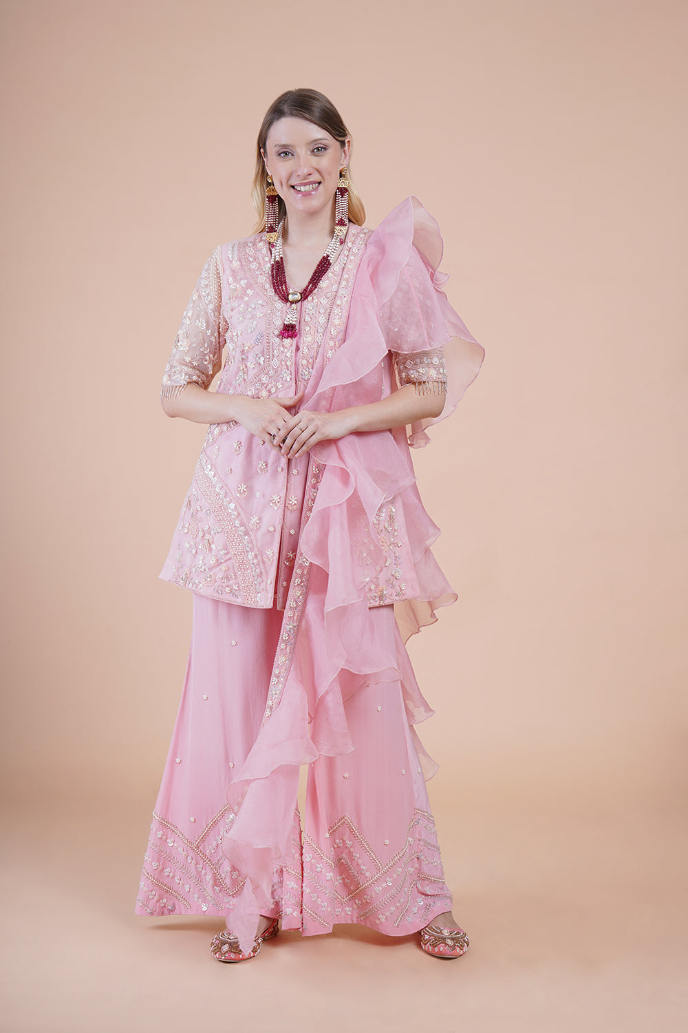 Pink Net Embroidered Kurta Set