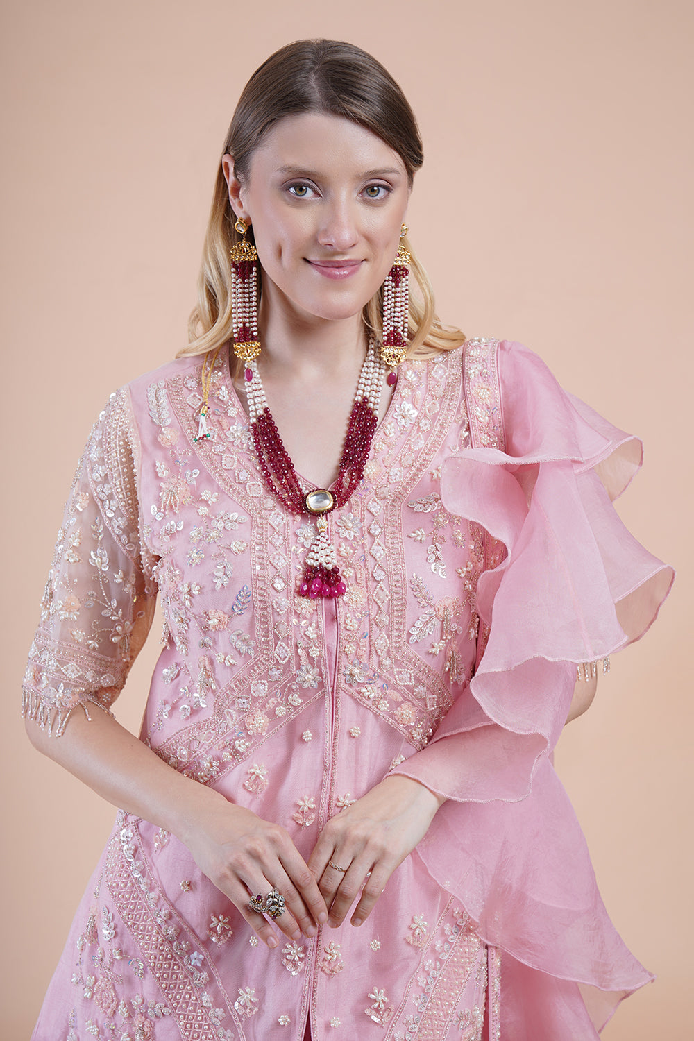 Pink Net Embroidered Kurta Set