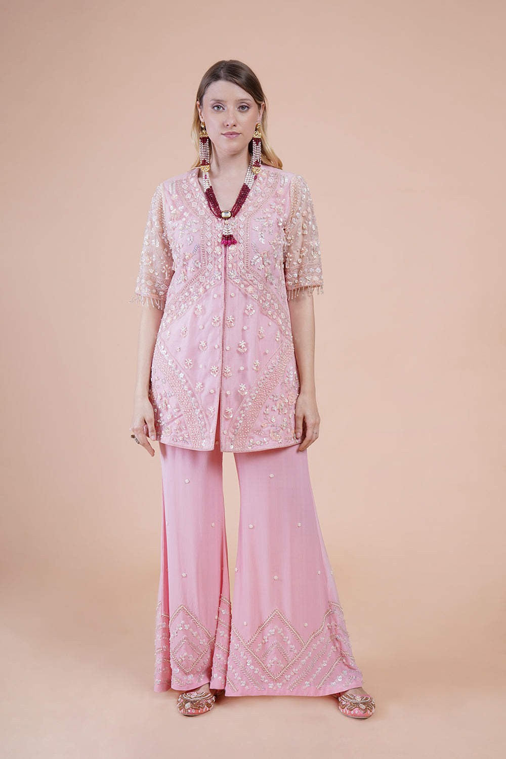 Pink Net Embroidered Kurta Suit Set
