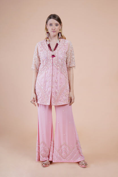 Pink Net Embroidered Kurta Set