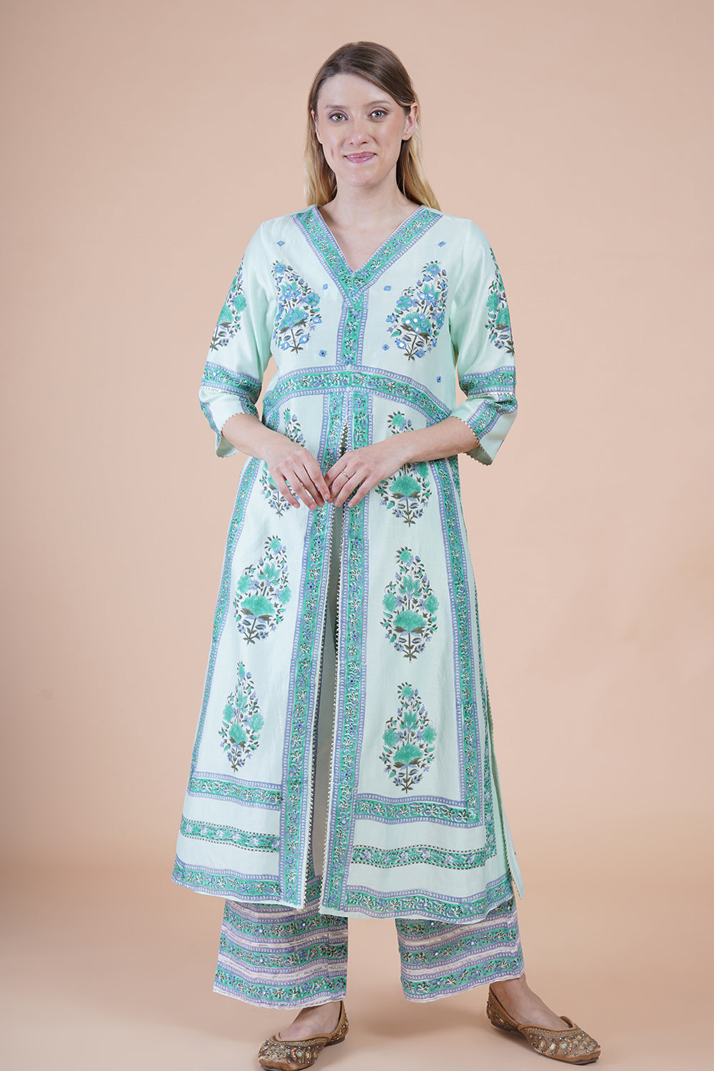 Sea green block print with embroidered Kurta Set