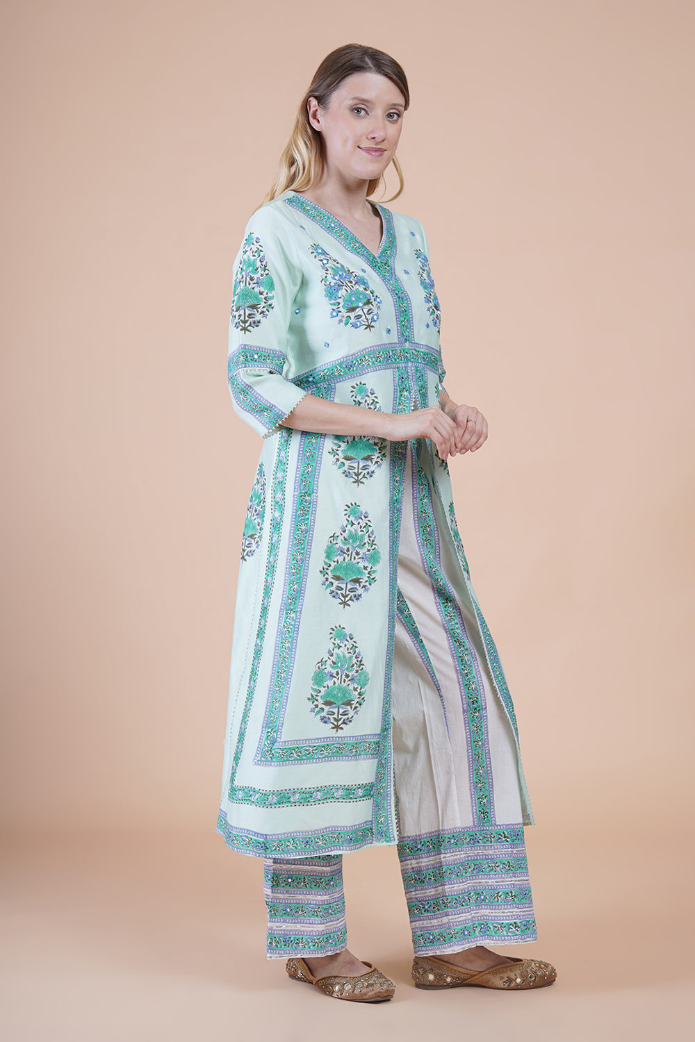 Sea green block print with embroidered Kurta Set