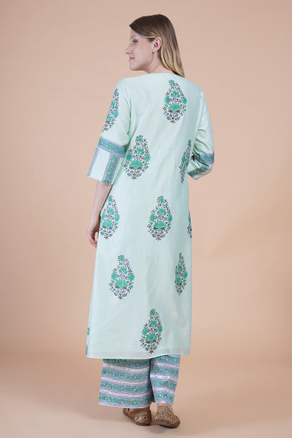 Sea green block print with embroidered Kurta Set